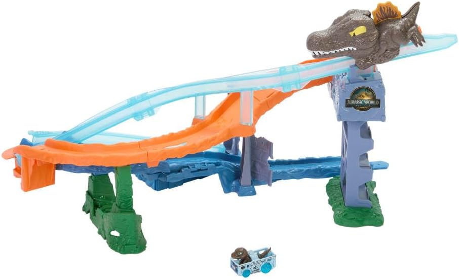 Conjunto de Pista de Carrinhos Hot Wheels RacerVerse Jurassic World Crash & Splash com Veículo Velociraptor de Metal Fundido, Corrida de Dinossauros com Espinossauro, JFP32