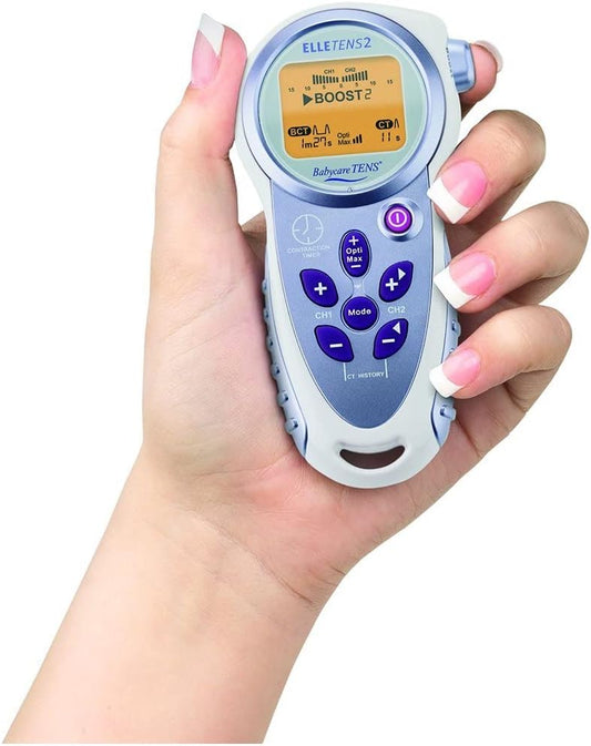 Elle TENS 2 com temporizador de contrações e tecnologia Opti-Max - TENS de duplo canal para alívio da dor durante o trabalho de parto - pode ser usado após o parto - com eletrodo e baterias.