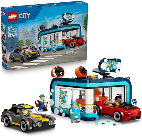 LEGO City Lava-Jato - Inclui 2 Carrinhos, Função de Lavagem e 4 Minifiguras com Acessórios - Ideia de Presente de Aniversário para Meninos a partir de 6 Anos - 60497