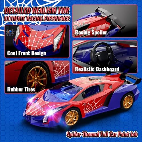 Carro-aranha de controle remoto 1:18 com luzes piscantes, carros de drift RC de 2,4 GHz, brinquedos de aranha, presente de aniversário para meninos de 3 a 10 anos.