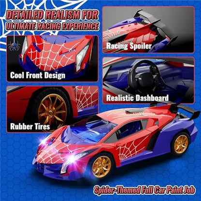 Carro-aranha de controle remoto 1:18 com luzes piscantes, carros de drift RC de 2,4 GHz, brinquedos de aranha, presente de aniversário para meninos de 3 a 10 anos.