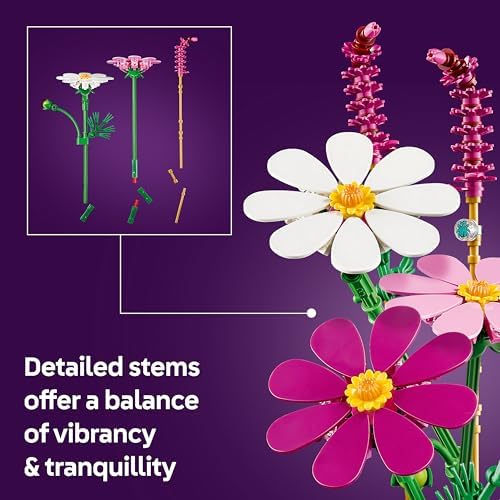 LEGO Botanicals Cosmos Flowers - Buquê de flores artificiais com 3 cosmos artificiais e 2 hastes de capim-fonte - Decoração DIY para quarto infantil - Presente de aniversário para meninas a partir de 9 anos e adultos - 11514