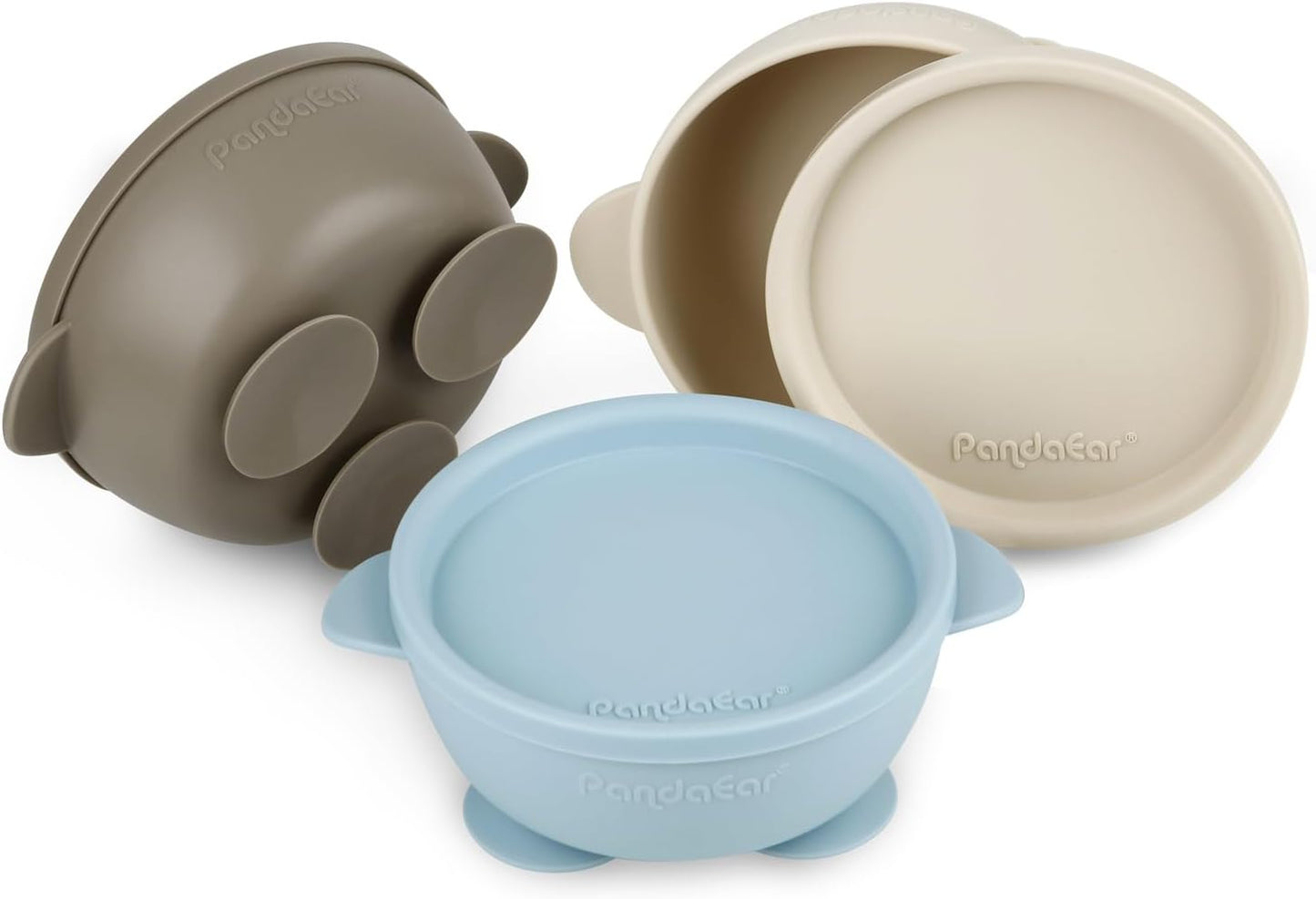 PandaEar Conjunto de 3 Tigelas de Silicone com Ventosa e Tampa para Bebês | Tigela de Silicone Antivazamento para Comida de Bebê, Crianças e Bebês | Tigelas Macias, Seguras e Livres de BPA, próprias para Alimentos (Azul, Marrom e Bege)