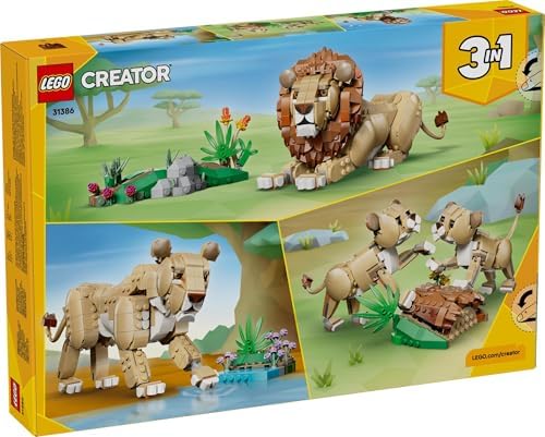 LEGO Creator 3 em 1 Animais Selvagens: Leão Majestoso de Brinquedo - Figura de Animal que se Transforma em uma Leoa ou 2 Filhotes - Decoração DIY para Quarto Infantil - Presente de Aniversário para Meninas e Meninos a partir de 9 Anos - 31386