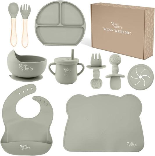 Yum Yum's Conjunto de Introdução Alimentar Baby com 10 Peças Cinza - Kit Completo para Alimentação Infantil com Prato Dividido, Tigelas com Ventosa, Talheres com Protetor Bucal, Copo com Canudo,