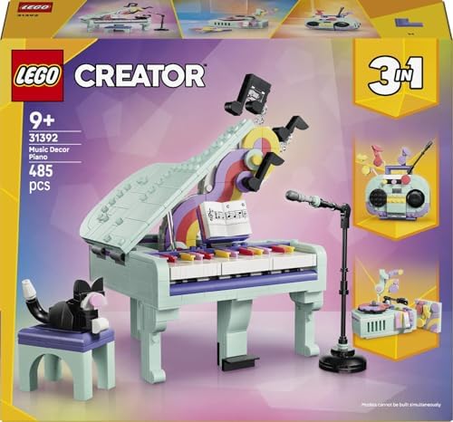 LEGO Creator 3 em 1 Piano Musical Decorativo com Brinquedo de Gato - Kit de Modelo Retrô que se Transforma em Rádio ou Toca-Discos - Decoração DIY para Quarto Infantil - Presente de Aniversário para Meninas e Meninos a partir de 9 Anos - 31392