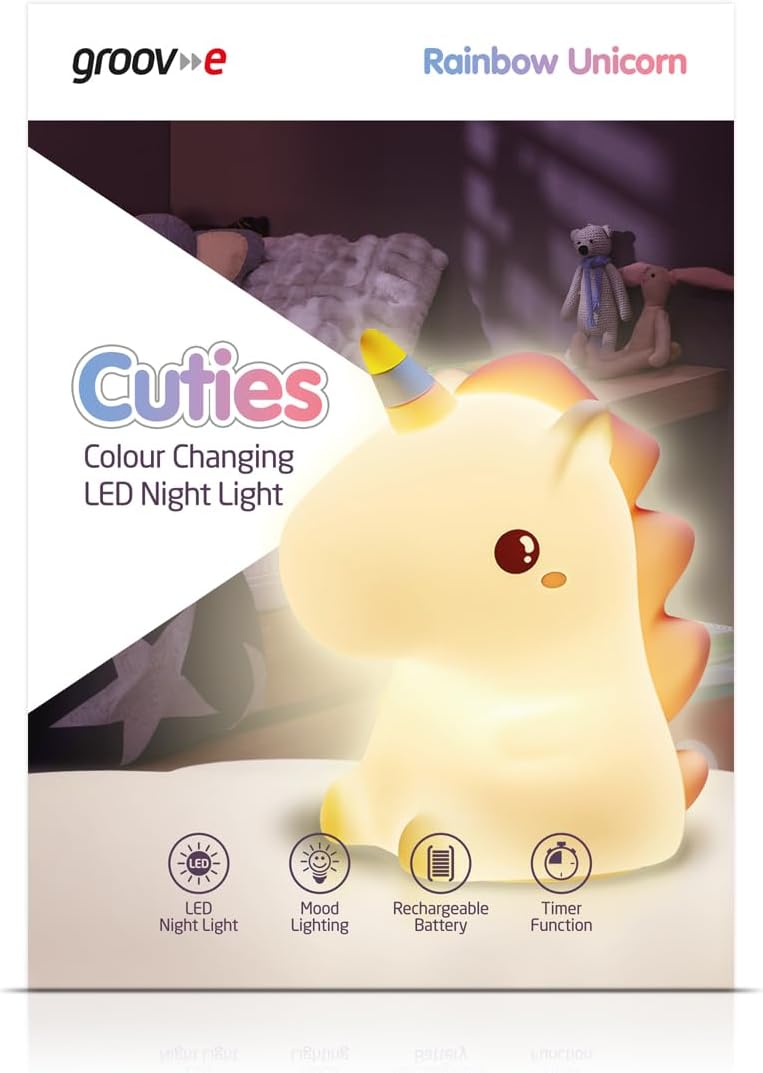 Groov-e Cuties - Rainbow Unicorn - Luz noturna LED que muda de cor com temporizador de 30/60 minutos - 7 cores - Toque para usar - Bateria recarregável de 12 horas ou alimentada por USB - para bebês, crianças pequenas e crianças