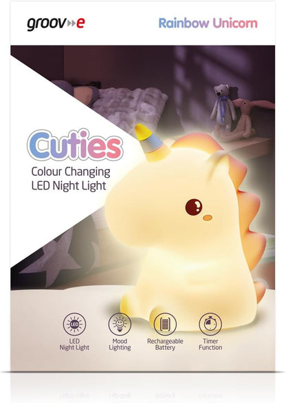 Groov-e Cuties - Rainbow Unicorn - Luz noturna LED que muda de cor com temporizador de 30/60 minutos - 7 cores - Toque para usar - Bateria recarregável de 12 horas ou alimentada por USB - para bebês, crianças pequenas e crianças