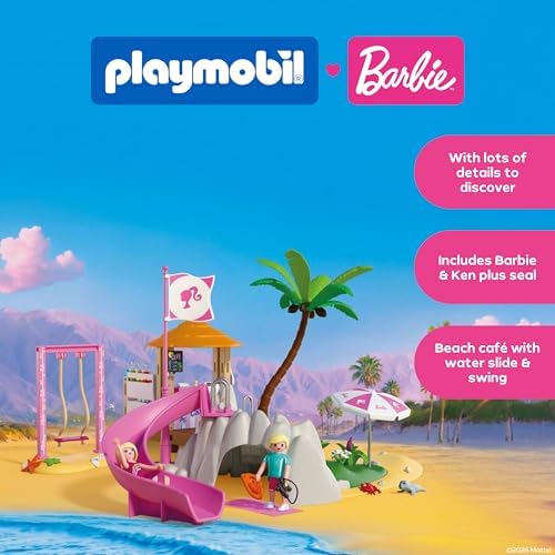 Playmobil | Barbie x Barbie Beach Café | Aventura de Verão com Barbie e Ken | Com Balanço, Escorregador e Animais | Conjunto Criativo para Crianças a partir de 4 Anos | 72121