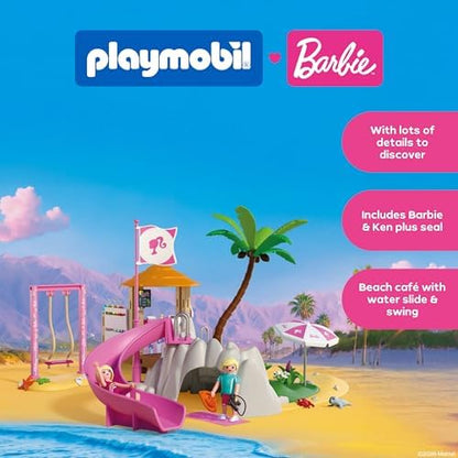 Playmobil | Barbie x Barbie Beach Café | Aventura de Verão com Barbie e Ken | Com Balanço, Escorregador e Animais | Conjunto Criativo para Crianças a partir de 4 Anos | 72121