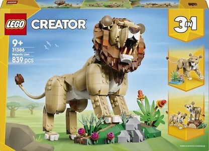 LEGO Creator 3 em 1 Animais Selvagens: Leão Majestoso de Brinquedo - Figura de Animal que se Transforma em uma Leoa ou 2 Filhotes - Decoração DIY para Quarto Infantil - Presente de Aniversário para Meninas e Meninos a partir de 9 Anos - 31386
