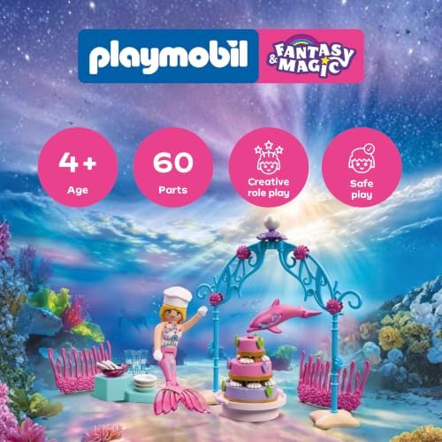 Playmobil | Fantasia e Magia | Buffet de Casamento Subaquático | Buffet com Bolo de Três Andares e Presilhas de Cabelo de Coral | Brinquedo para Crianças a partir de 4 Anos | 72108