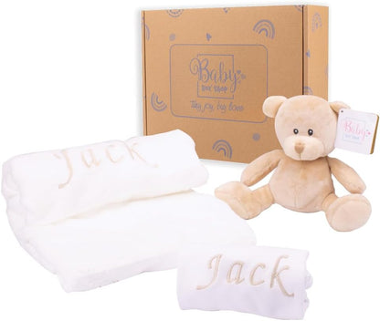 Baby Box Shop - Presentes personalizados para bebês unissex - Manta de bebê personalizada bege, azul, rosa e body de bebê personalizado com ursinho de pelúcia para bebê, ideal como presente de chá de bebê unissex e presente de batizado