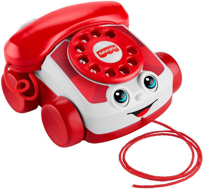 Telefone de brinquedo Fisher-Price Baby vermelho, edição de 80º aniversário da Mattel, com atividade de puxar para bebês e crianças a partir de 1 ano de idade, JGG97