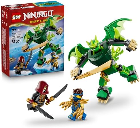 LEGO NINJAGO Pacote de Batalha do Robô Dragão do Lloyd - Brinquedo Ninja com Figura de Ação, 3 Minifiguras e Katanas - Decoração para Quarto Infantil - Presente para Meninos a partir de 6 Anos e Fãs de Dragões - 71862