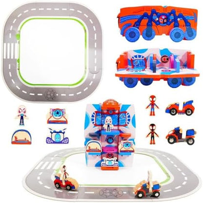 Conjunto de Brinquedo Marvel Homem-Aranha e Seus Incríveis Amigos - Caminhão e Quartel-General do Homem-Aranha 2 em 1 com 17 Peças, Figuras, Veículos Pequenos e Tapete de Quebra-Cabeça - 110x255x110mm