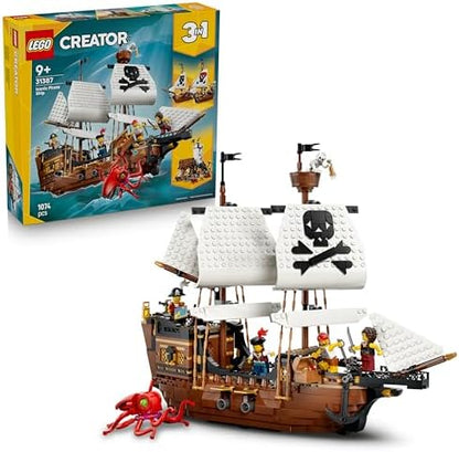 LEGO Creator 3 em 1 Navio Pirata Icônico - Kit de Modelo que se Transforma em um Castelo ou 2 Barcos Gêmeos - Ideia de Decoração para Quarto Infantil - Presente de Aniversário para Meninos e Meninas a partir de 9 Anos - 31387