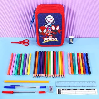 Estojo grande de 3 camadas Marvel Spidey e seus Incríveis Amigos para Lápis, com Vários Compartimentos para Material Escolar, Canetas Coloridas e Conjuntos de Lápis.