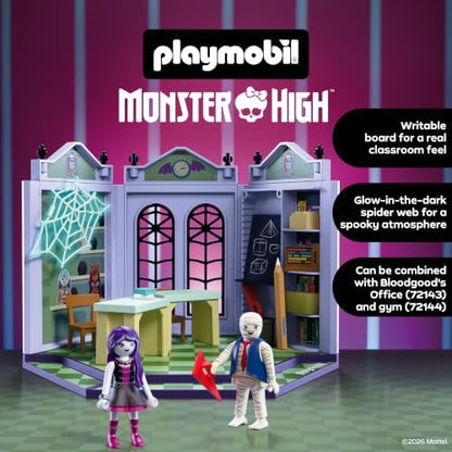 Playmobil | Monster High™ | Sala de Aula Monster High | Conjunto de Sala de Aula com Sr. Mummy, Spectra Vondergeist, Lousa e Teia de Aranha que Brilha no Escuro | Para Fãs a Partir de 5 Anos | 72145