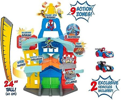 Conjunto de Pista Amazing Metals City do Homem-Aranha e seus Incríveis Amigos da Marvel, com 60 cm de altura - Inclui dois veículos exclusivos de metal fundido de 7,5 cm - Brinquedos de super-heróis para crianças a partir de 3 anos