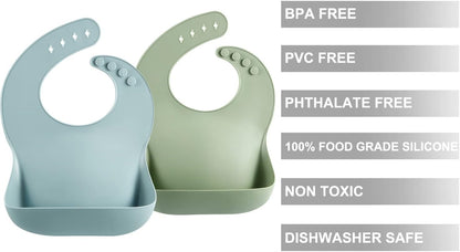 PandaEar Babadores de silicone para bebês e crianças pequenas (10 a 72 meses), impermeáveis, macios, unissex e que não fazem sujeira | Azul e Verde