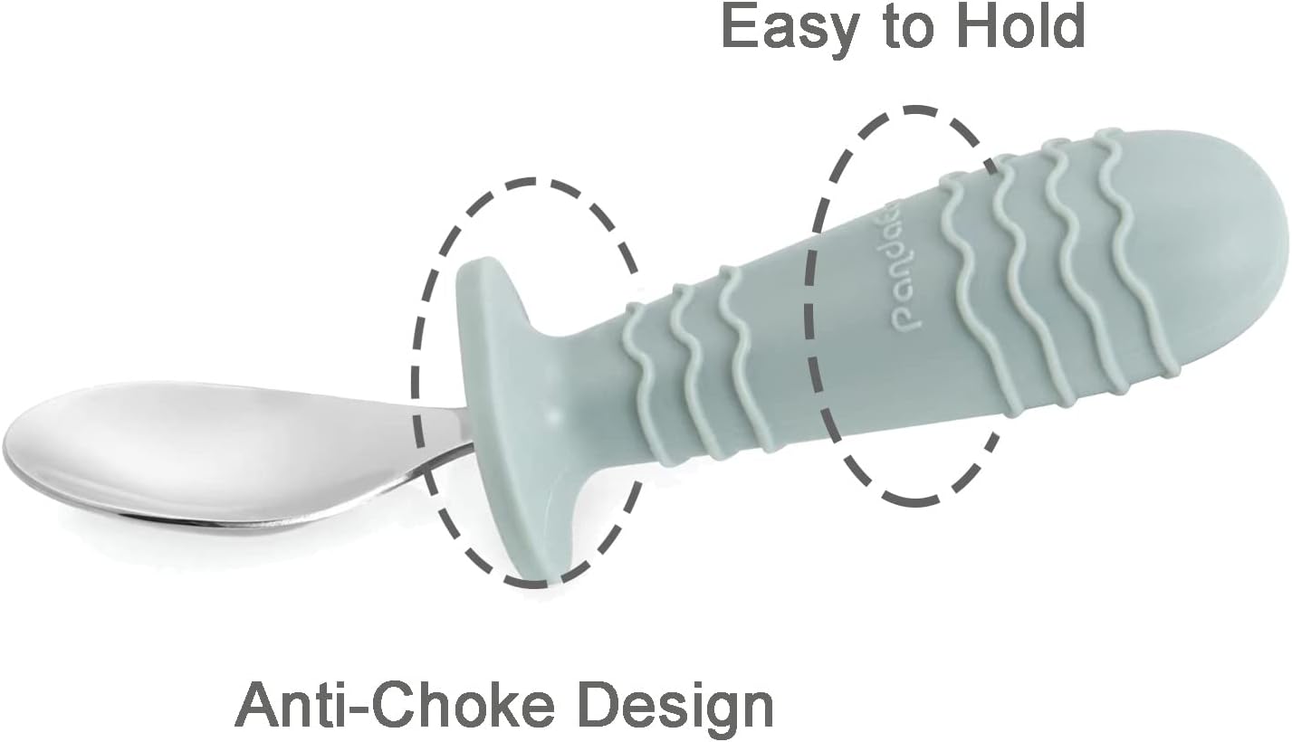 PandaEar Conjunto de 4 talheres para bebês e crianças pequenas, em aço inoxidável e silicone, com design antiengasgo e alças de silicone (verde morandi e branco leitoso). Indicado para crianças a partir de 12 meses.