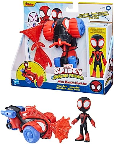 Homem-Aranha e Seus Incríveis Amigos Marvel Miles Morales Homem-Aranha Techno Racer Brinquedo, Figura de Ação com Veículo e Acessório, Brinquedos Pré-escolares