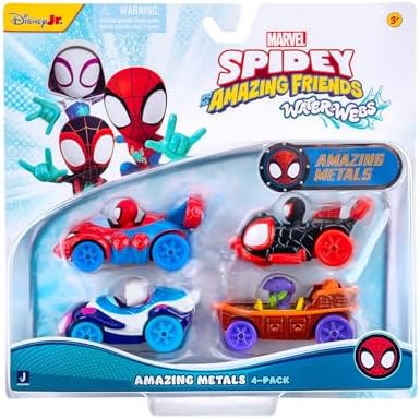 MARVEL Homem-Aranha e Seus Incríveis Amigos Amazing Metals Pacote com 4 - Quatro veículos de metal fundido de 7,6 cm com teias aquáticas e personagens integrados.