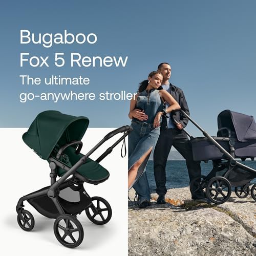 Bugaboo Carrinho de Bebê Fox 5 Renew All-Terrain, 2 em 1, com Suspensão Total, Fácil de Dobrar, Assento Extensível para Crianças, Manobrabilidade com Uma Só Mão, Chassi Preto e Capota Verde Samambaia