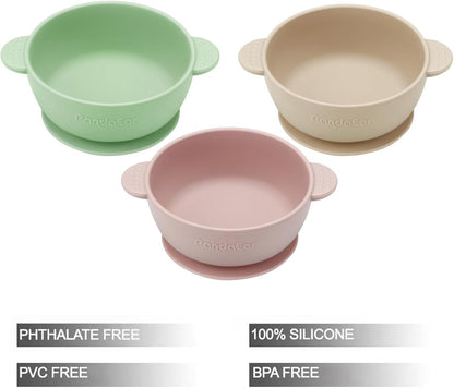 PandaEar Conjunto de 3 Tigelas para Bebê com Ventosa | Tigela de Silicone Fixa para Alimentos de Bebês, Crianças e Bebês | Silicone Macio, Seguro e Livre de BPA, de Grau Alimentício (Rosa, Verde e Bege Claro)