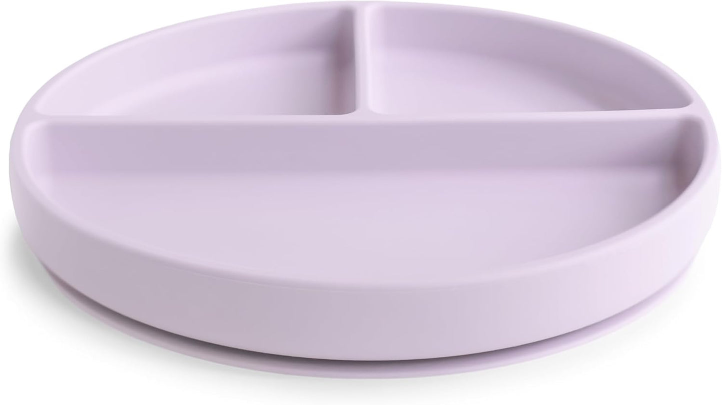 Mushie Prato de silicone com ventosa | Prato dividido antiderrapante para bebês e crianças pequenas | Silicone de qualidade alimentar | Pode ser lavado na lava-louças e usado no micro-ondas | Lilás suave