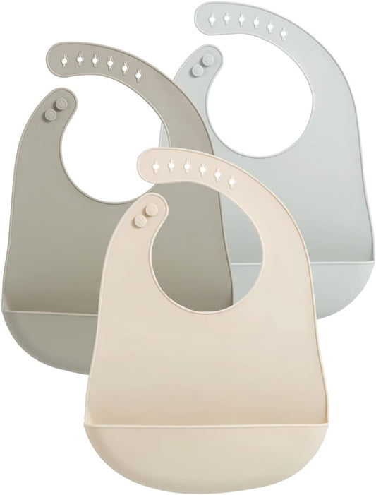 PandaEar Conjunto de 3 Babadores de Silicone para Bebês e Crianças Pequenas: Babadores superfinos, leves e impermeáveis, ajustáveis e com bolso coletor de alimentos. Unissex e sem sujeira.