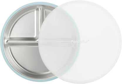 PandaEar Conjunto de 3 Pratos Infantis em Aço Inoxidável com Ventosa e Tampa, Antiderrapantes e com Capa de Silicone, para Crianças e Bebês, Inquebráveis e Sem Sujeira (Azul, Verde e Marrom)