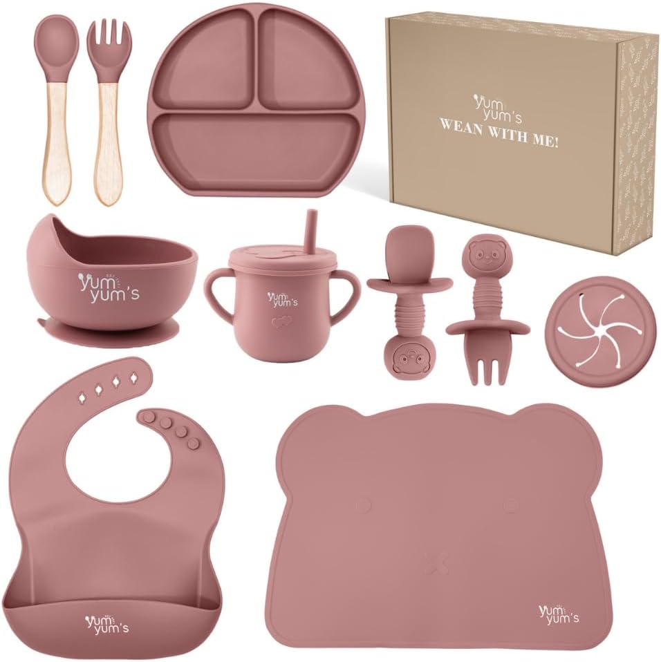 Yum Yum's Conjunto de Introdução Alimentar Baby Rosa com 10 Peças - Kit Completo para Alimentação Infantil com Prato Dividido, Tigelas com Ventosas, Talheres com Protetor Bucal, Copo com Canudo,