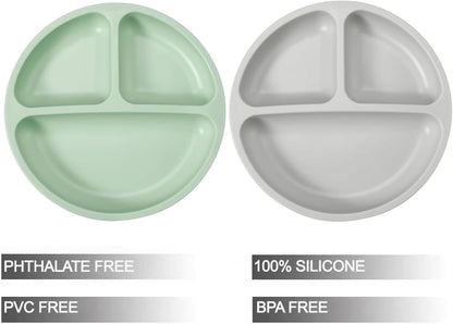 PandaEar Conjunto de 2 Pratos de Silicone com Ventosa para Bebês em Fase de Desmame com 2 Colheres para Bebê - Pratos Divididos para Crianças e Bebês - Pratos Inquebráveis com Seções