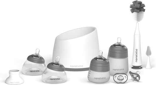 Nanobébé Kit Completo de Mamadeiras de Silicone para Leite Materno (2ª Geração) – Inclui Bicos Anticólica, Escova de Limpeza, Chupetas, Aquecedor e Adaptador para Bomba – Tamanhos 150 ml (5 oz) e 270 ml (9 oz), Cor Cinza