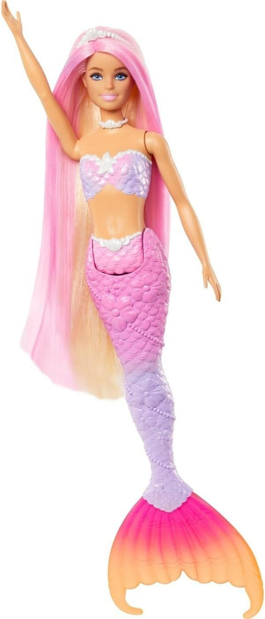 Muñeca Barbie Sirena, “Malibu” con cabello rosado, accesorios de peinado, delfín mascota y función de cambio de color activada por agua, HRP97