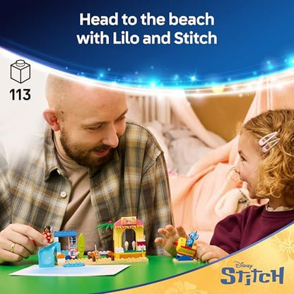 LEGO | Diversão na Praia da Disney com Lilo & Stitch - Brinquedo Educativo com 2 Lojas, Passeio de Nave Espacial e 2 Minifiguras - Conjunto Montessori - Presente de Aniversário para Meninas e Meninos a partir de 4 Anos - 43280