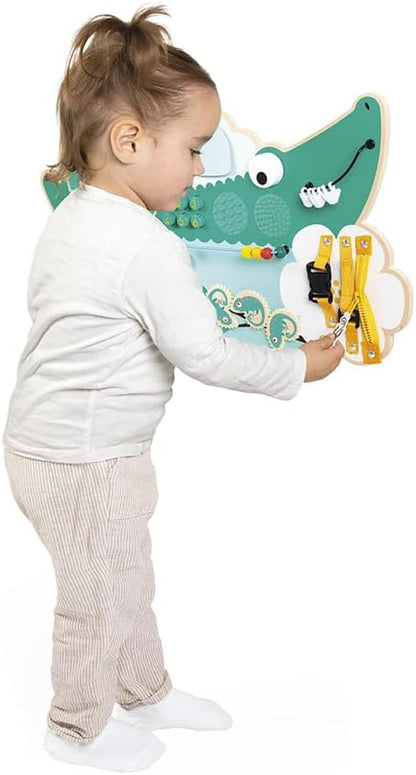 Janod - Busy Board Croco - Quadro de Atividades - Tema Animais da Selva - 14 Atividades - Brinquedo Infantil para Meninos e Meninas - Habilidades Motoras Finas - Brinquedo de Madeira FSCTM - A partir de 18 Meses - J08280