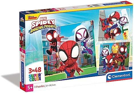 Clementoni - 25294 - Quebra-cabeça Supercolorido - Marvel Homem-Aranha e Seus Incríveis Amigos - 3x48 Peças (3 Quebra-cabeças Incluídos), Quebra-cabeça para Crianças a partir de 5 Anos, Quebra-cabeça de Desenho Animado, Fabricado na Itália