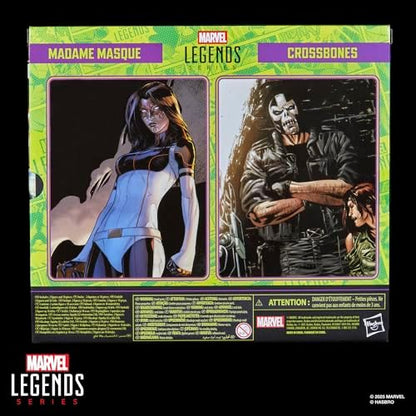 Figuras de ação da Madame Máscara e Ossos Cruzados da série Marvel Legends, nas cores dourada, preta e vermelha.
