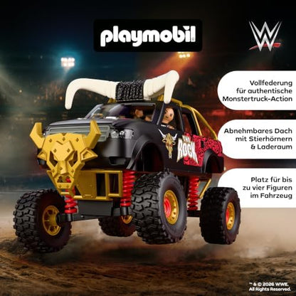 Playmobil | WWE® | Monster Truck WWE The Rock | Monster Truck com suspensão, chifres e figura do The Rock | Para fãs a partir de 5 anos | 71955