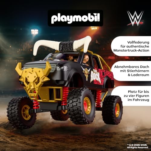 Playmobil | WWE® | Monster Truck WWE The Rock | Monster Truck com suspensão, chifres e figura do The Rock | Para fãs a partir de 5 anos | 71955