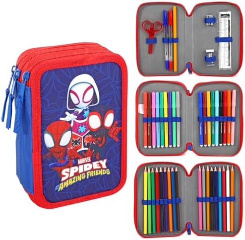 Estojo grande de 3 camadas Marvel Spidey e seus Incríveis Amigos para Lápis, com Vários Compartimentos para Material Escolar, Canetas Coloridas e Conjuntos de Lápis.