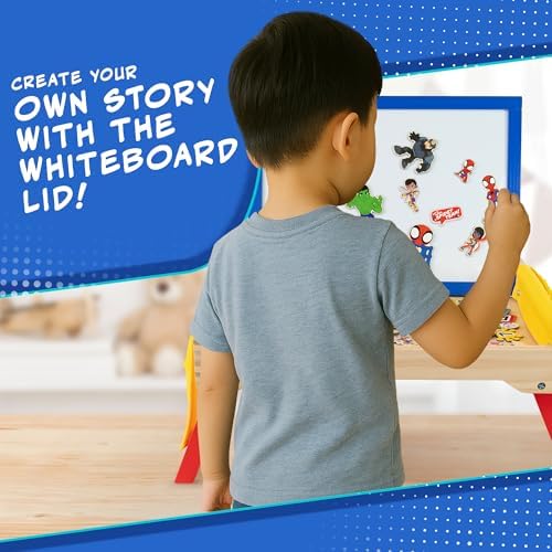 Mesa de Atividades Infantil Marvel Homem-Aranha e Seus Incríveis Amigos – Mesa de colo dobrável de madeira com quadro branco, acessórios magnéticos, bolsos de armazenamento e marcador – Mesa de atividades portátil para meninos e meninas