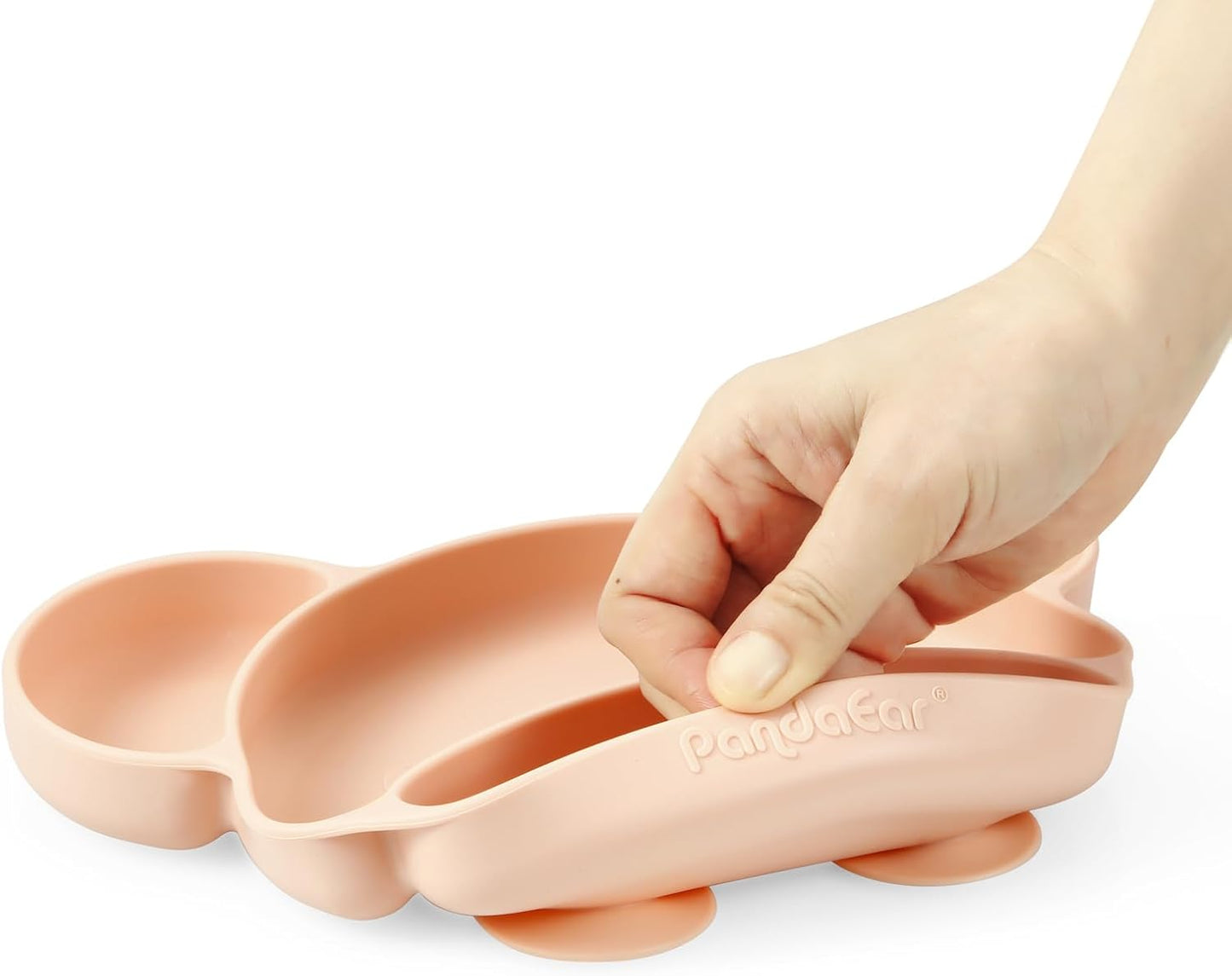 PandaEar Conjunto de prato, colher e garfo de silicone com ventosa, ideal para alimentação independente de crianças pequenas, livre de BPA, próprio para lava-louças e micro-ondas, formato de urso (rosa)