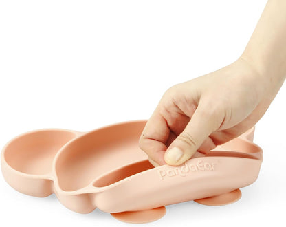 PandaEar Conjunto de prato, colher e garfo de silicone com ventosa, ideal para alimentação independente de crianças pequenas, livre de BPA, próprio para lava-louças e micro-ondas, formato de urso (rosa)