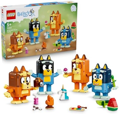 LEGO Bluey - Família Bluey Construída com Peças - Brinquedo Educativo com 4 Figuras com Expressões Mutáveis e Acessórios - Conjunto Montessori - Presente de Aniversário para Meninas e Meninos a partir de 5 Anos - 11217