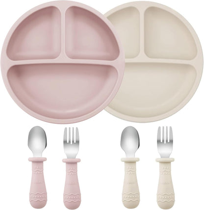 PandaEar Conjunto de 6 pratos e talheres infantis, incluindo 2 pratos de silicone com ventosa e 4 colheres e garfos de aço inoxidável. Conjunto de jantar infantil completo.