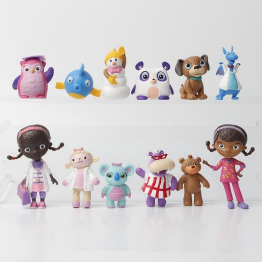 HOAME Pacote de 12 bonecas do hospital Doc McStuffins, boneco de ação para topo de bolo de aniversário (Lambie Cordeiro Peluche Dragão Boneco de Neve Gelado Hipopótamo Hallie)